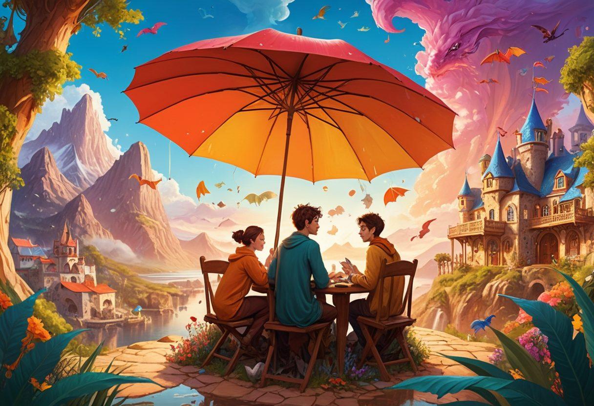 A whimsical landscape showing a diverse group of fanfiction creators brainstorming ideas under a large, open umbrella labeled 'Coverage Options'. Surrounding them are various story elements like dragons, characters, and stellar backgrounds illustrating creativity and imagination, with caution signs subtly integrated to symbolize risk. The scene should evoke collaboration and excitement. vibrant colors. illustration.
