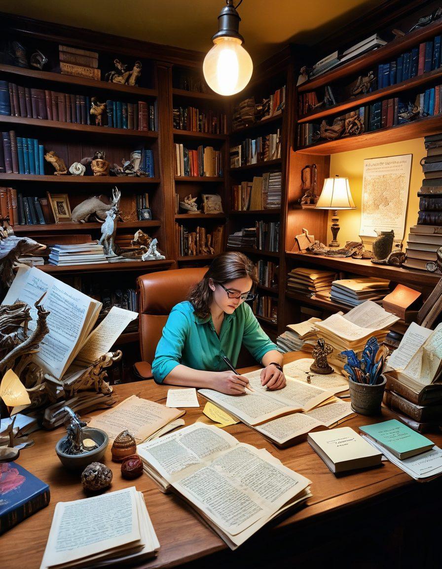 A whimsical and creative scene depicting a fanfiction writer at a cozy desk surrounded by books, papers, and fantasy-themed memorabilia. Above them, a colorful insurance policy map unfurls, illustrating various essential coverage options like author protection, content rights, and community guidelines. Include elements like playful mythical creatures peeking from the stack of novels and a quill pen in action. The atmosphere should feel imaginative yet informative, encapsulating the essence of writing and insurance in a charming way. vibrant colors. illustration. fantasy style.