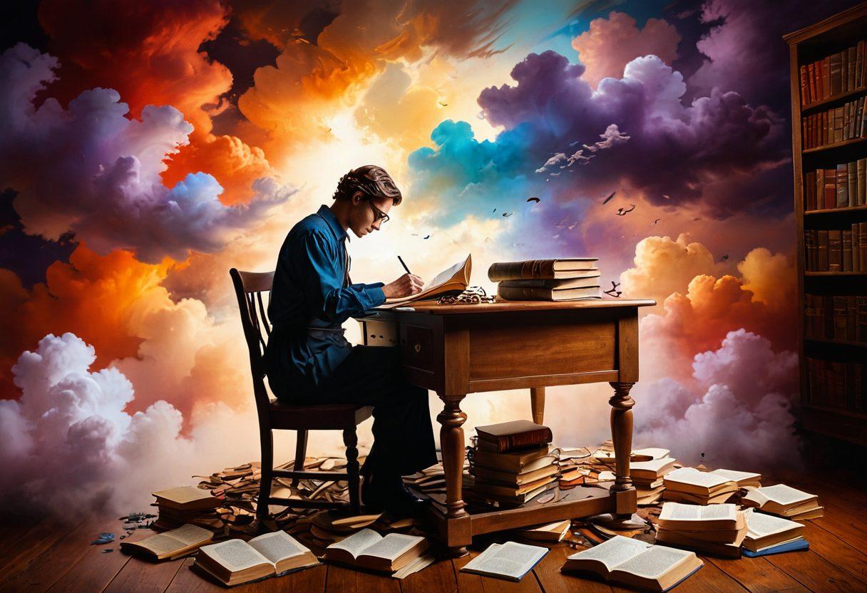 A dreamy writer sitting at a vintage desk, surrounded by floating books and swirling ink, while a shadowy figure of a liability insurance policy hovers in the background. The scene has a surreal quality with whimsical clouds, gentle light illuminating the writer's focused expression, and warm colors to evoke creativity and caution. The atmosphere blends literature with financial protection concepts, emphasizing both dreams and reality. painting. vibrant colors. soft focus.